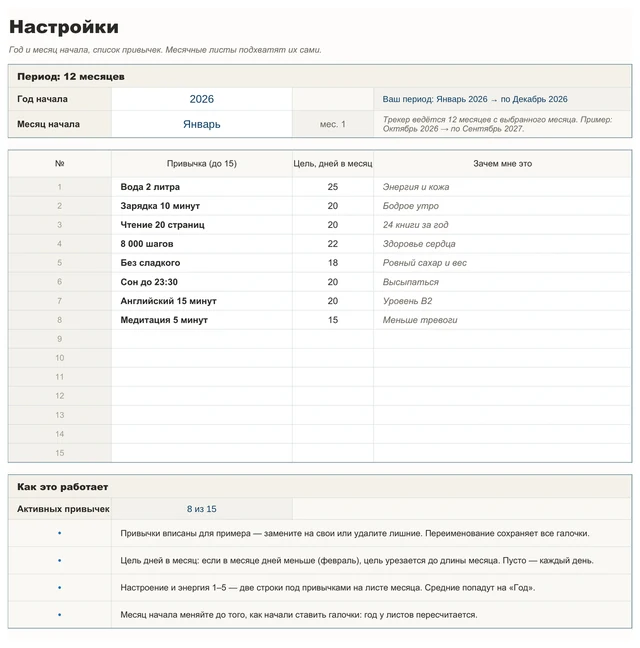 Tempo Привычки 365: лист «Настройки»: год и список привычек — реальный скриншот таблицы с демо-данными, синяя тема
